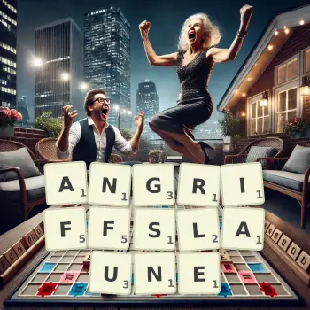 Kreative Illustration für ein Scrabble-Spiel, bei dem das Wort ANGRIFFSLAUNE mit Steinen auf dem Brett gelegt wurde.