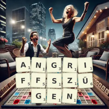 Kreative Illustration für ein Scrabble-Spiel, bei dem das Wort ANGRIFFSZÜGEN mit Steinen auf dem Brett gelegt wurde.