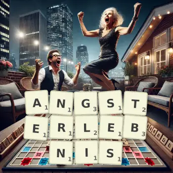 Kreative Illustration für ein Scrabble-Spiel, bei dem das Wort ANGSTERLEBNIS mit Steinen auf dem Brett gelegt wurde.