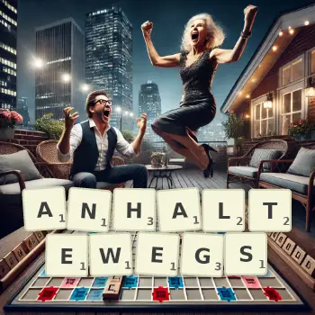 Kreative Illustration für ein Scrabble-Spiel, bei dem das Wort ANHALTEWEGS mit Steinen auf dem Brett gelegt wurde.