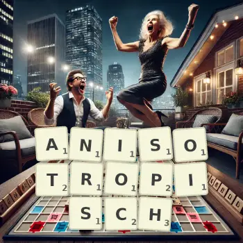 Kreative Illustration für ein Scrabble-Spiel, bei dem das Wort ANISOTROPISCH mit Steinen auf dem Brett gelegt wurde.