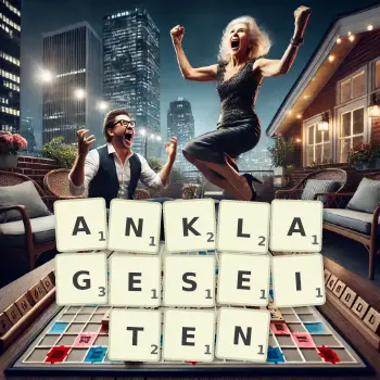 Kreative Illustration für ein Scrabble-Spiel, bei dem das Wort ANKLAGESEITEN mit Steinen auf dem Brett gelegt wurde.
