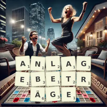 Kreative Illustration für ein Scrabble-Spiel, bei dem das Wort ANLAGEBETRÄGE mit Steinen auf dem Brett gelegt wurde.