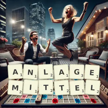 Kreative Illustration für ein Scrabble-Spiel, bei dem das Wort ANLAGEMITTEL mit Steinen auf dem Brett gelegt wurde.