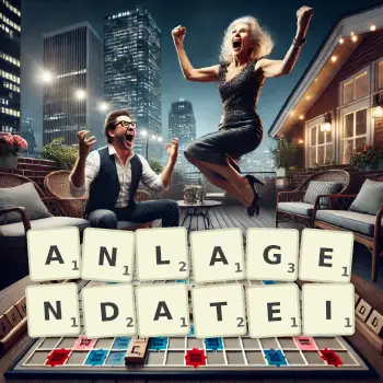 Kreative Illustration für ein Scrabble-Spiel, bei dem das Wort ANLAGENDATEI mit Steinen auf dem Brett gelegt wurde.