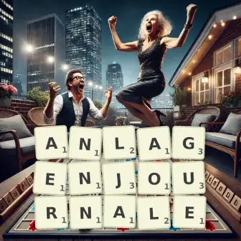 Kreative Illustration für ein Scrabble-Spiel, bei dem das Wort ANLAGENJOURNALE mit Steinen auf dem Brett gelegt wurde.