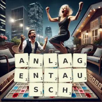 Kreative Illustration für ein Scrabble-Spiel, bei dem das Wort ANLAGENTAUSCH mit Steinen auf dem Brett gelegt wurde.
