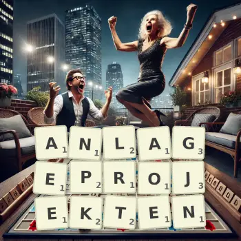 Kreative Illustration für ein Scrabble-Spiel, bei dem das Wort ANLAGEPROJEKTEN mit Steinen auf dem Brett gelegt wurde.