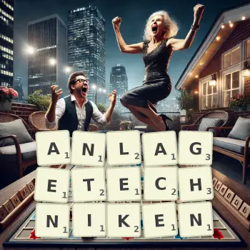 Kreative Illustration für ein Scrabble-Spiel, bei dem das Wort ANLAGETECHNIKEN mit Steinen auf dem Brett gelegt wurde.