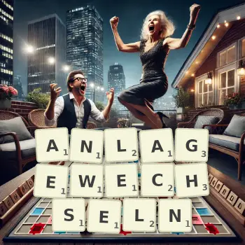 Kreative Illustration für ein Scrabble-Spiel, bei dem das Wort ANLAGEWECHSELN mit Steinen auf dem Brett gelegt wurde.