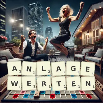 Kreative Illustration für ein Scrabble-Spiel, bei dem das Wort ANLAGEWERTEN mit Steinen auf dem Brett gelegt wurde.