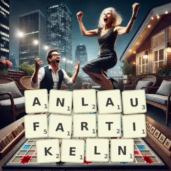 Kreative Illustration für ein Scrabble-Spiel, bei dem das Wort ANLAUFARTIKELN mit Steinen auf dem Brett gelegt wurde.