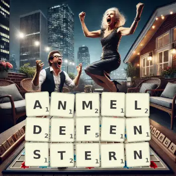Kreative Illustration für ein Scrabble-Spiel, bei dem das Wort ANMELDEFENSTERN mit Steinen auf dem Brett gelegt wurde.