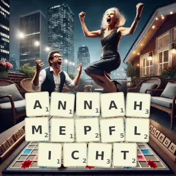 Kreative Illustration für ein Scrabble-Spiel, bei dem das Wort ANNAHMEPFLICHT mit Steinen auf dem Brett gelegt wurde.