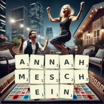 Kreative Illustration für ein Scrabble-Spiel, bei dem das Wort ANNAHMESCHEIN mit Steinen auf dem Brett gelegt wurde.