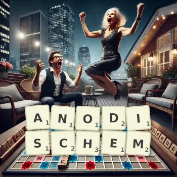 Kreative Illustration für ein Scrabble-Spiel, bei dem das Wort ANODISCHEM mit Steinen auf dem Brett gelegt wurde.