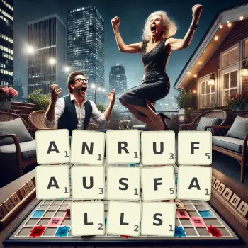 Kreative Illustration für ein Scrabble-Spiel, bei dem das Wort ANRUFAUSFALLS mit Steinen auf dem Brett gelegt wurde.