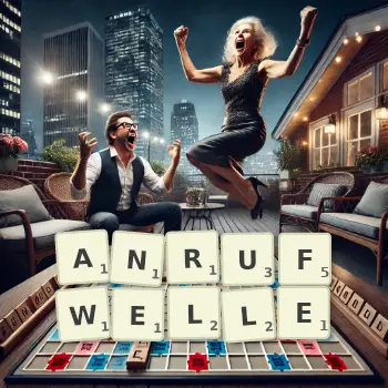 Kreative Illustration für ein Scrabble-Spiel, bei dem das Wort ANRUFWELLE mit Steinen auf dem Brett gelegt wurde.