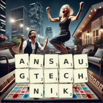 Kreative Illustration für ein Scrabble-Spiel, bei dem das Wort ANSAUGTECHNIK mit Steinen auf dem Brett gelegt wurde.