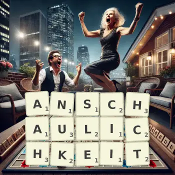 Kreative Illustration für ein Scrabble-Spiel, bei dem das Wort ANSCHAULICHKEIT mit Steinen auf dem Brett gelegt wurde.