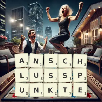 Kreative Illustration für ein Scrabble-Spiel, bei dem das Wort ANSCHLUSSPUNKTE mit Steinen auf dem Brett gelegt wurde.