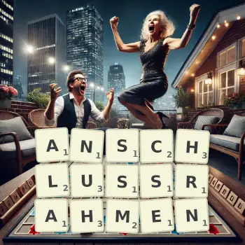 Kreative Illustration für ein Scrabble-Spiel, bei dem das Wort ANSCHLUSSRAHMEN mit Steinen auf dem Brett gelegt wurde.