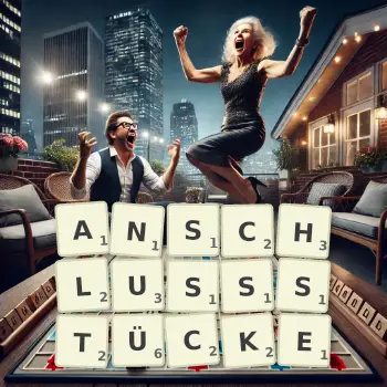 Kreative Illustration für ein Scrabble-Spiel, bei dem das Wort ANSCHLUSSSTÜCKE mit Steinen auf dem Brett gelegt wurde.