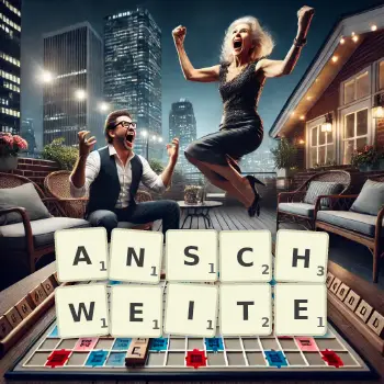 Kreative Illustration für ein Scrabble-Spiel, bei dem das Wort ANSCHWEITE mit Steinen auf dem Brett gelegt wurde.