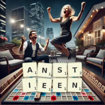 Kreative Illustration für ein Scrabble-Spiel, bei dem das Wort ANSTIEEN mit Steinen auf dem Brett gelegt wurde.