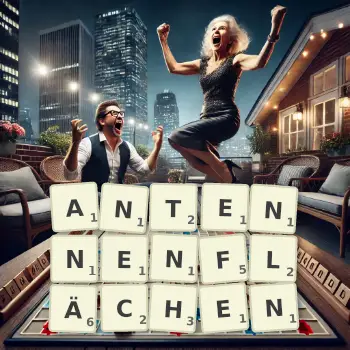 Kreative Illustration für ein Scrabble-Spiel, bei dem das Wort ANTENNENFLÄCHEN mit Steinen auf dem Brett gelegt wurde.