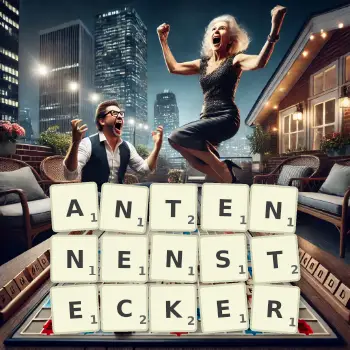 Kreative Illustration für ein Scrabble-Spiel, bei dem das Wort ANTENNENSTECKER mit Steinen auf dem Brett gelegt wurde.