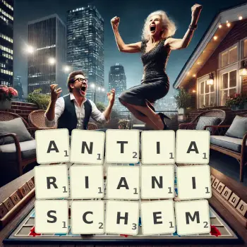 Kreative Illustration für ein Scrabble-Spiel, bei dem das Wort ANTIARIANISCHEM mit Steinen auf dem Brett gelegt wurde.