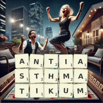 Kreative Illustration für ein Scrabble-Spiel, bei dem das Wort ANTIASTHMATIKUM mit Steinen auf dem Brett gelegt wurde.
