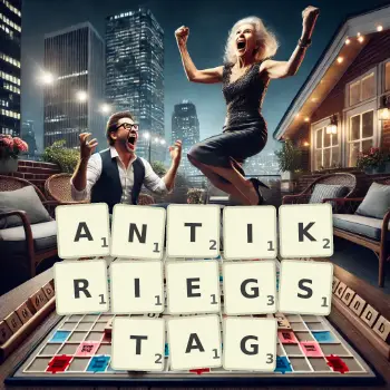 Kreative Illustration für ein Scrabble-Spiel, bei dem das Wort ANTIKRIEGSTAG mit Steinen auf dem Brett gelegt wurde.