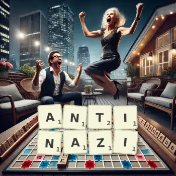 Kreative Illustration für ein Scrabble-Spiel, bei dem das Wort ANTINAZI mit Steinen auf dem Brett gelegt wurde.