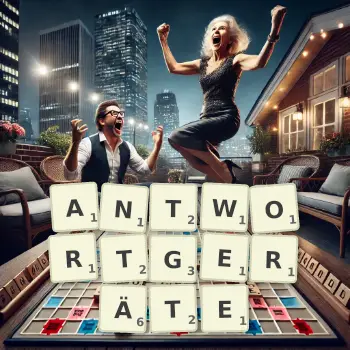 Kreative Illustration für ein Scrabble-Spiel, bei dem das Wort ANTWORTGERÄTE mit Steinen auf dem Brett gelegt wurde.