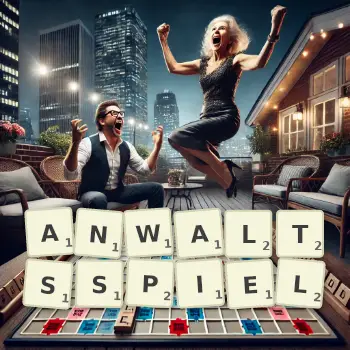 Kreative Illustration für ein Scrabble-Spiel, bei dem das Wort ANWALTSSPIEL mit Steinen auf dem Brett gelegt wurde.