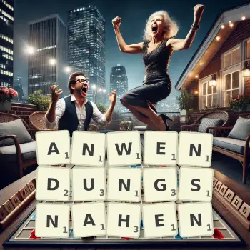 Kreative Illustration für ein Scrabble-Spiel, bei dem das Wort ANWENDUNGSNAHEN mit Steinen auf dem Brett gelegt wurde.