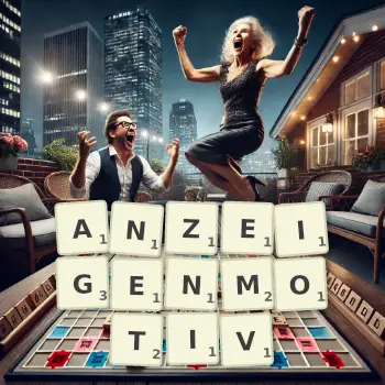 Kreative Illustration für ein Scrabble-Spiel, bei dem das Wort ANZEIGENMOTIV mit Steinen auf dem Brett gelegt wurde.
