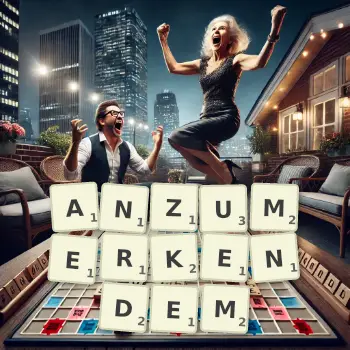 Kreative Illustration für ein Scrabble-Spiel, bei dem das Wort ANZUMERKENDEM mit Steinen auf dem Brett gelegt wurde.