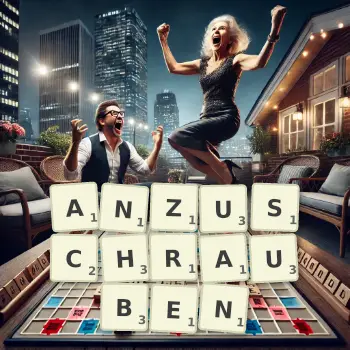 Kreative Illustration für ein Scrabble-Spiel, bei dem das Wort ANZUSCHRAUBEN mit Steinen auf dem Brett gelegt wurde.