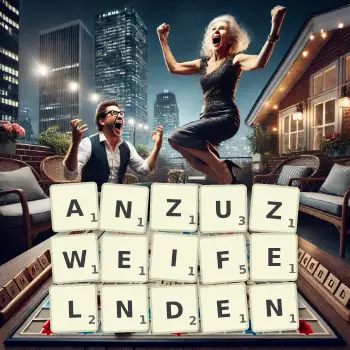 Kreative Illustration für ein Scrabble-Spiel, bei dem das Wort ANZUZWEIFELNDEN mit Steinen auf dem Brett gelegt wurde.