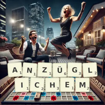 Kreative Illustration für ein Scrabble-Spiel, bei dem das Wort ANZÜGLICHEM mit Steinen auf dem Brett gelegt wurde.