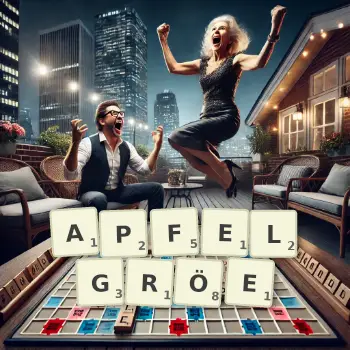 Kreative Illustration für ein Scrabble-Spiel, bei dem das Wort APFELGRÖE mit Steinen auf dem Brett gelegt wurde.