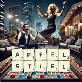 Kreative Illustration für ein Scrabble-Spiel, bei dem das Wort APFELSTIEL mit Steinen auf dem Brett gelegt wurde.
