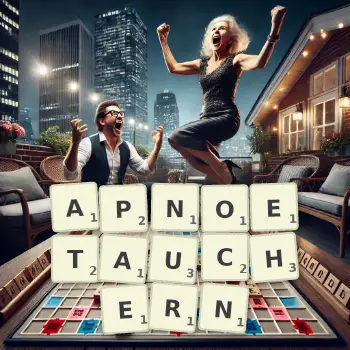 Kreative Illustration für ein Scrabble-Spiel, bei dem das Wort APNOETAUCHERN mit Steinen auf dem Brett gelegt wurde.