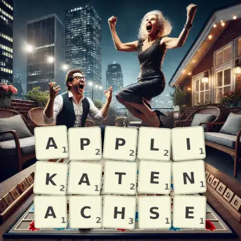 Kreative Illustration für ein Scrabble-Spiel, bei dem das Wort APPLIKATENACHSE mit Steinen auf dem Brett gelegt wurde.