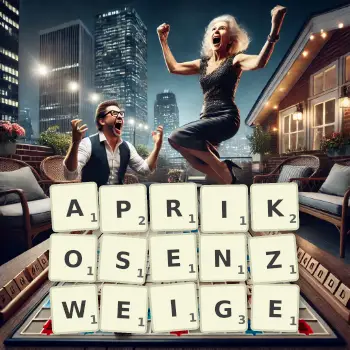 Kreative Illustration für ein Scrabble-Spiel, bei dem das Wort APRIKOSENZWEIGE mit Steinen auf dem Brett gelegt wurde.