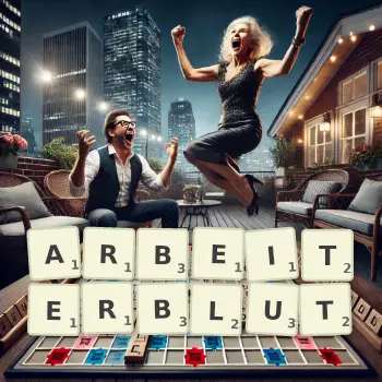 Kreative Illustration für ein Scrabble-Spiel, bei dem das Wort ARBEITERBLUT mit Steinen auf dem Brett gelegt wurde.