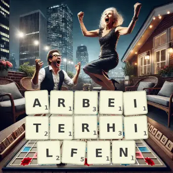 Kreative Illustration für ein Scrabble-Spiel, bei dem das Wort ARBEITERHILFEN mit Steinen auf dem Brett gelegt wurde.